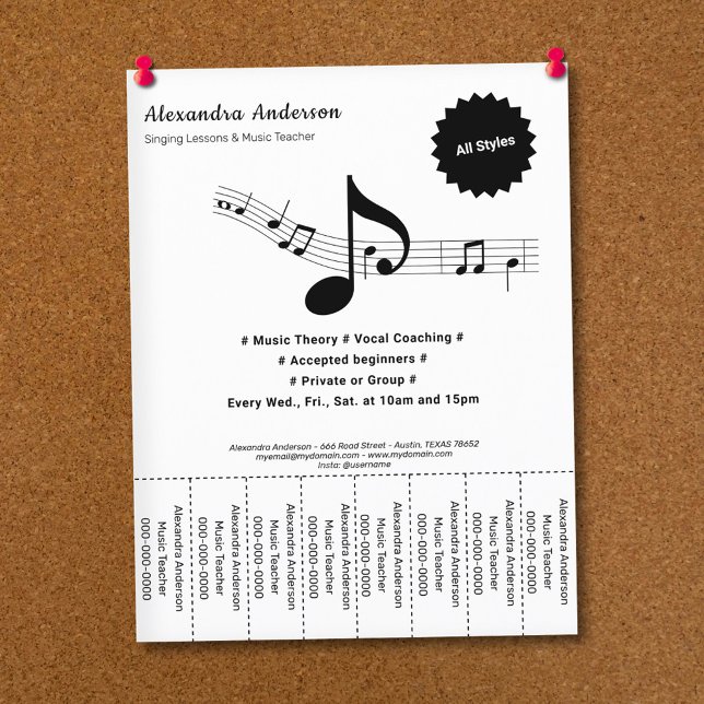 Black & White Music Teacher Tear Off Strips Flyer (Black & White Music Teacher Tear Off Strips Flyer)