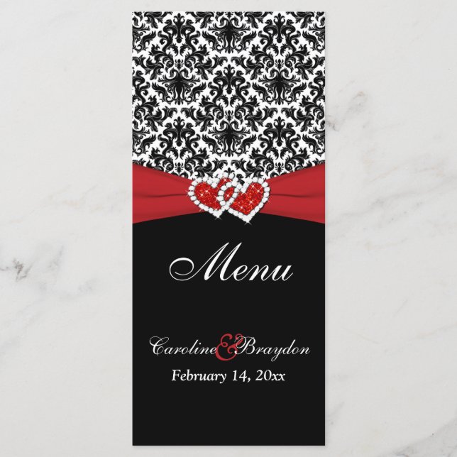 Black White Red Damask, Hearts Wedding Menu (Frente)