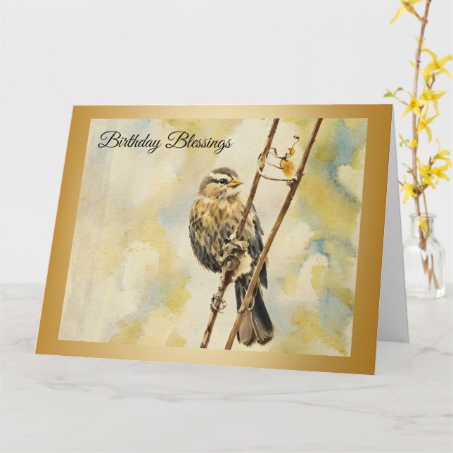Blackbird de asa vermelha - Cartão de aniversário (Flor Amarela)