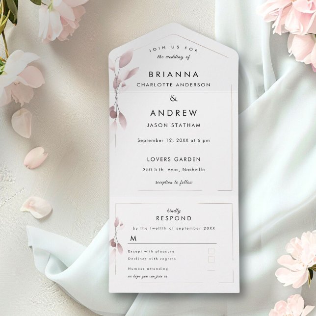 Blindagem Elegante Botânica Tudo em Um Convite de  (Elegant Blue Botanical All in One Wedding Invite)