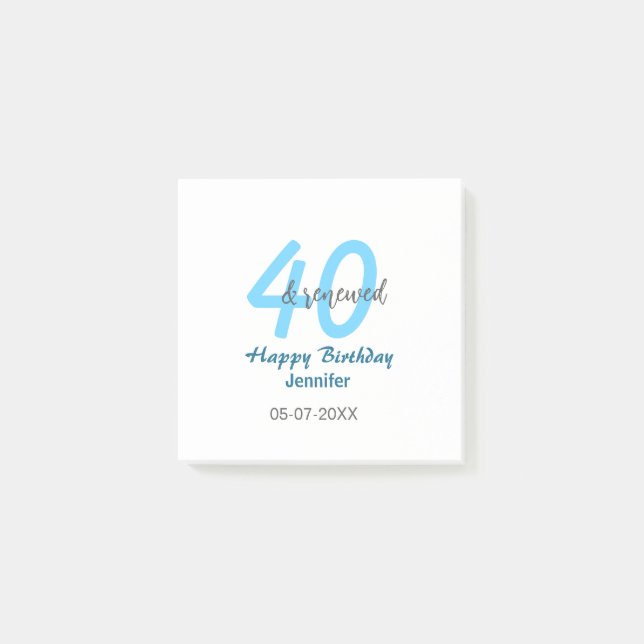 Bloco De Notas 40th & renewed birthday name date blue bold number (Frente)