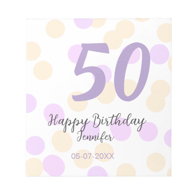 Bloco De Notas 50th birthday add name date purple orange polkadot (Frente)