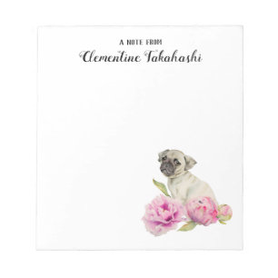 Bloco De Notas A aguarela floral do cão do Pug adiciona seu