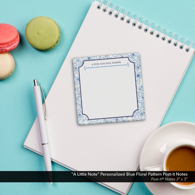Bloco De Notas  "A Little Note" Personalized Blue Floral Pattern ("A Little Note" Blue Floral Pattern Post-it Notes–Personalized with Your Name)