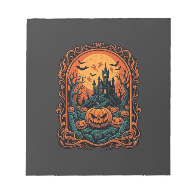 Bloco De Notas Abóbora de Halloween Casa Assombrada Lua Cheia Mor (Frente)