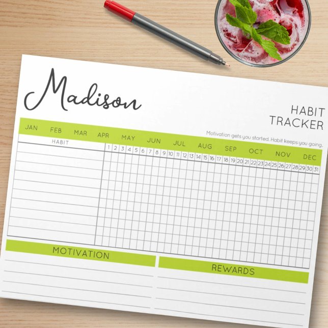 Bloco De Notas Acentos Verdes do Controlador de Hábitos Diários S (Stylish Simple Daily Habit Tracker Green Accents Notepad)