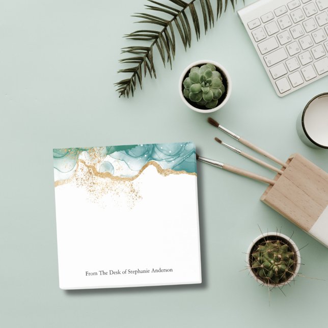 Bloco de notas adesivas de tinta alcoólica com bri (Green Marble Watercolor Wash Alcohol Ink Gold Glitter Small Business  Personalized Post it notes)
