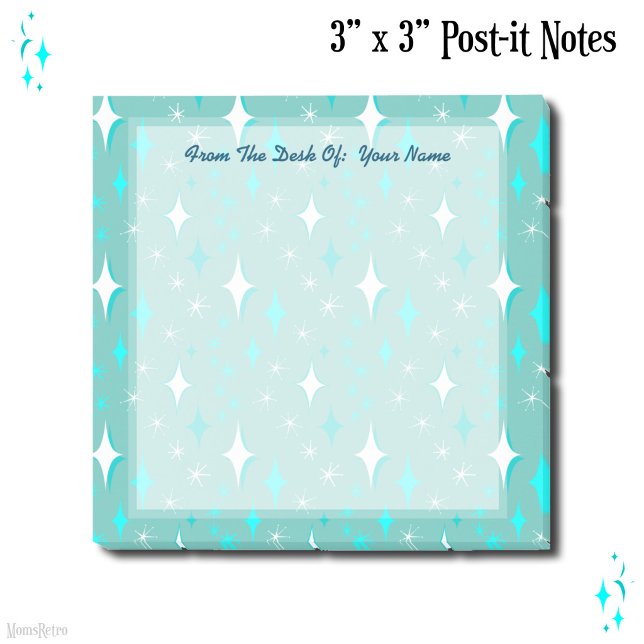 Bloco De Notas Adesivos Editáveis Retro Verde Água e Branco com E (Retro Teal and White Stars Editable 3"x3" Stickies Post-it Notes)