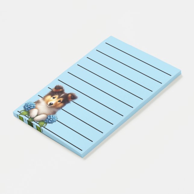 Bloco De Notas Adorável cachorrinho Collie com flores azuis (Inclinado)