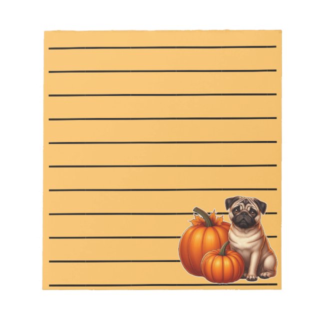 Bloco De Notas Adorável Pug Sentado ao Lado de Abóboras e Folhas (Frente)