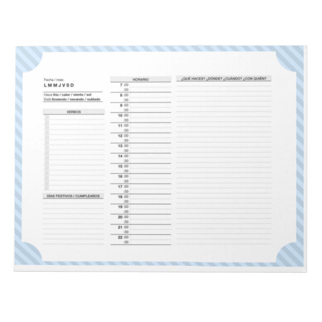 Bloco De Notas Agenda Diária em Espanhol com Verbos, Prática (Frente)