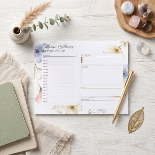 Bloco De Notas Agenda Diária Floral Aquarela Azul Empoeirado com