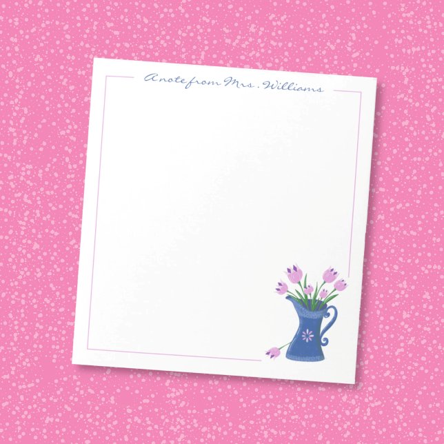 Bloco de Notas Agradecimento ao Professor Buquê (Pretty pink tulip bouquet in a blue jug personalized notepad . )