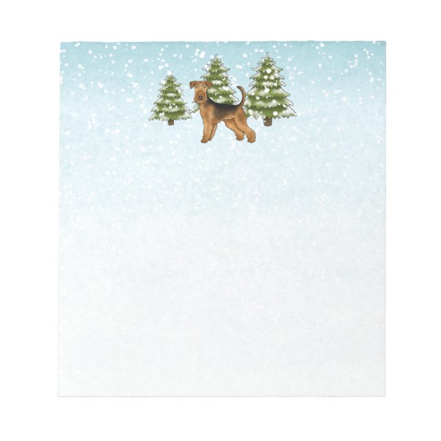 Bloco De Notas Airedale Terrier Dog Snowy Winter Forest Festivo (Frente)