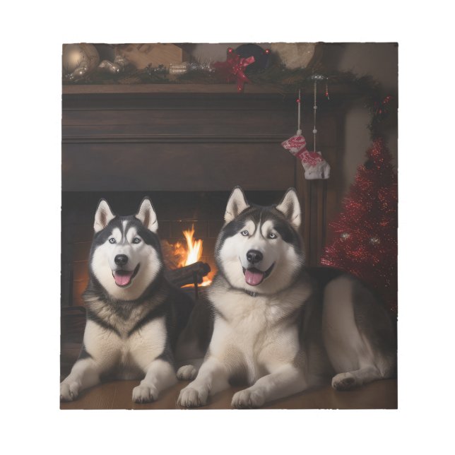 Bloco De Notas Alaskan Malamute na Lareira de Natal (Frente)