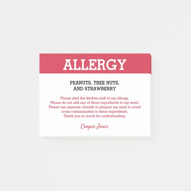 Bloco De Notas Alerta de Alergia Alimentar Restaurante Personaliz (Frente)