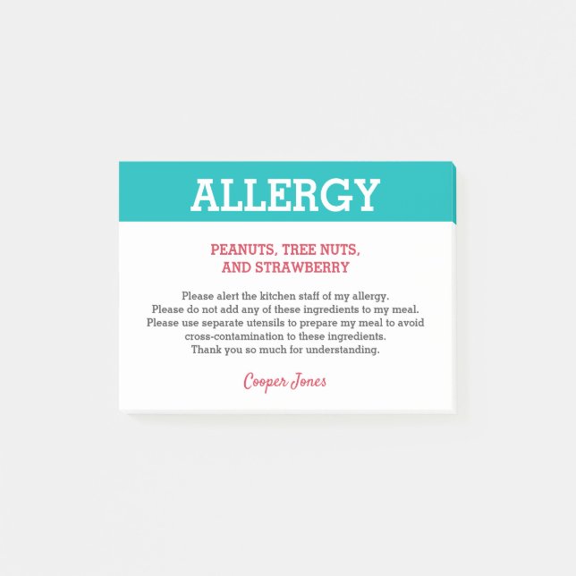 Bloco De Notas Alerta de Alergia Alimentar Restaurante Personaliz (Frente)