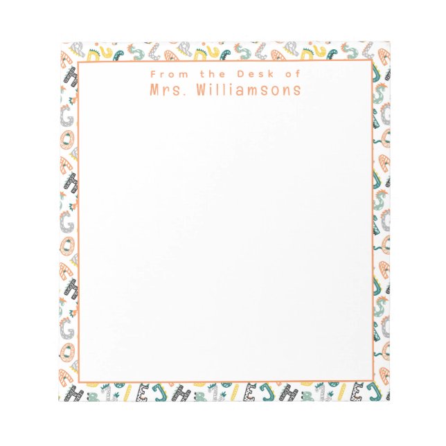 Bloco De Notas Alfabeto Dinossauro Bonito - Da Mesa do Professor (Frente)