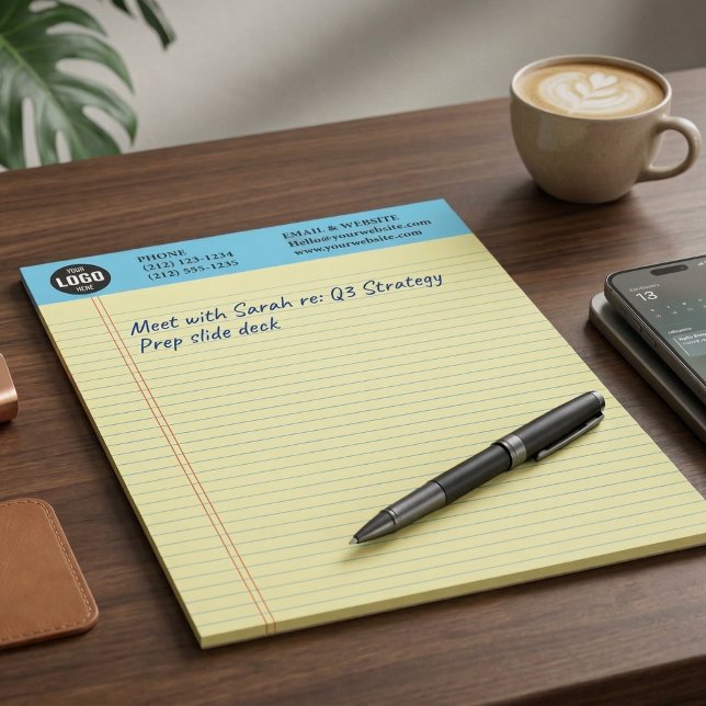 Bloco de Notas Amarelo de Logotipo Comercial Perso (Professional Custom Business Logo Notepad with Blue Ruled Lines)