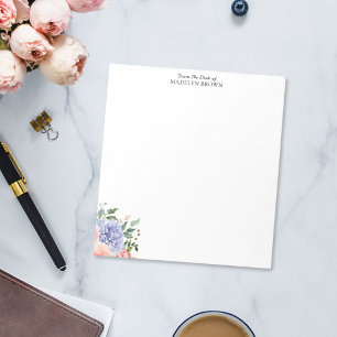 Bloco De Notas Aquarela Azul Cor-de-Água Rosa Hidrangea Floral