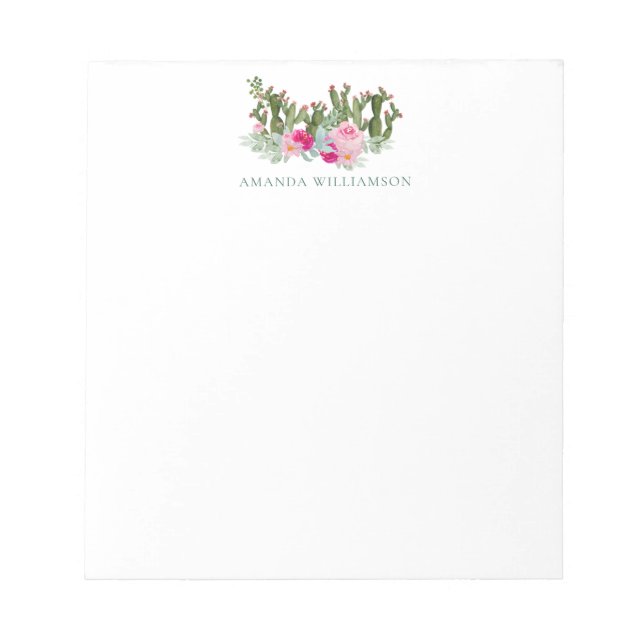 Bloco De Notas Aquarela Botânica de Cactus com Nome Personalizado (Frente)