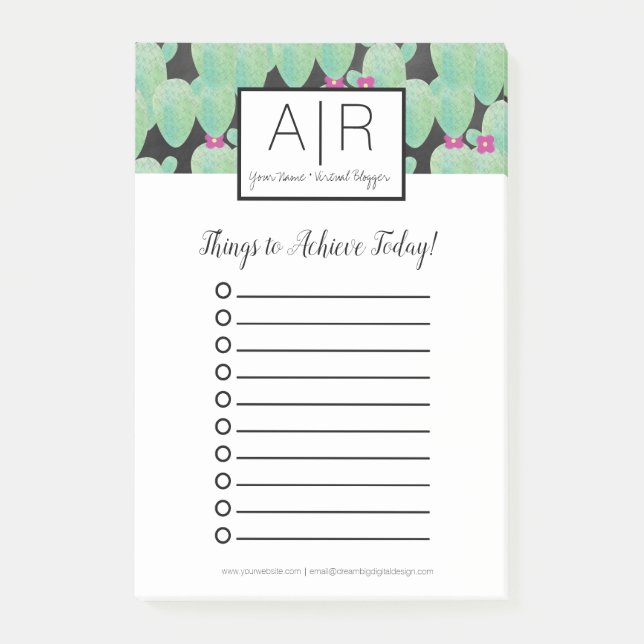 Bloco De Notas Aquarela Cactus Greenery Padrão Botânico Verde (Frente)