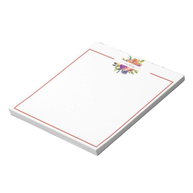 Bloco De Notas Aquarela floral personalizada roxa e laranja (Invertido)