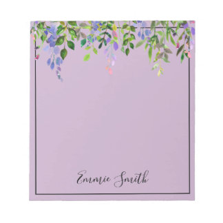 Bloco De Notas Aquarela Flores Roxas Folhas Verdes Personalizadas