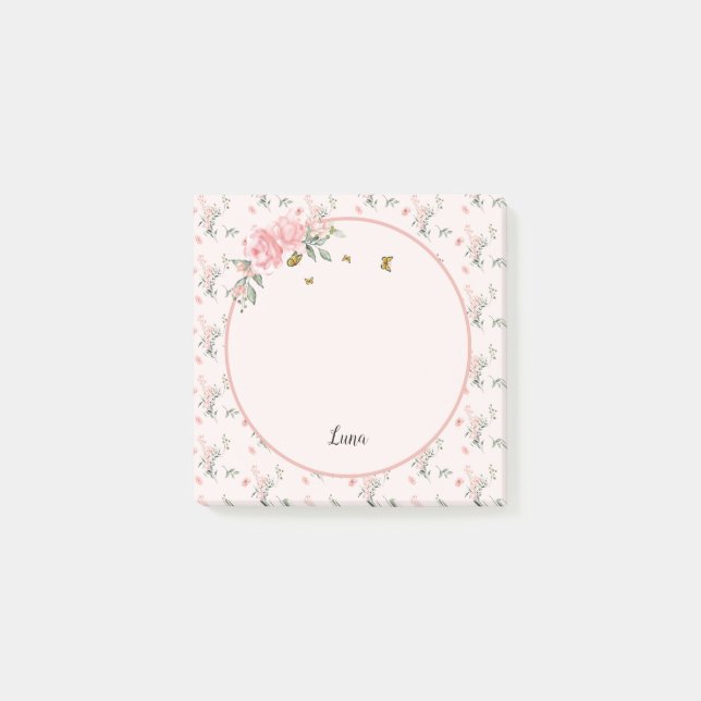 Bloco De Notas Aquarela Rosas Pink Elegantes com Borboletas (Frente)