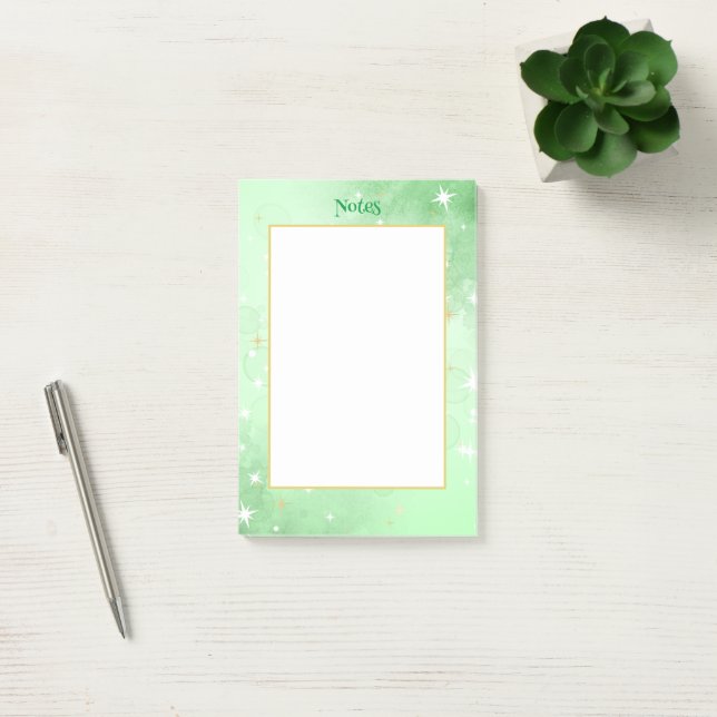 Bloco De Notas Aquarela Verde com estrelas douradas (Escritótio)