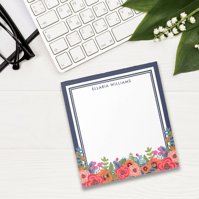 Bloco De Notas Arranjo Floral Boho - Azul Marinho & Branco - Nome (Criador carregado)