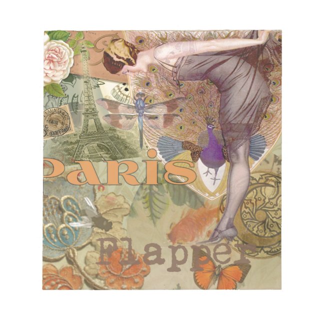 Bloco De Notas Arte Deco Colagem de Pavão Flapper Paris Antigo (Frente)