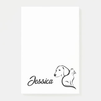 Bloco De Notas Arte Linear de Gato e Cachorro Kawaii