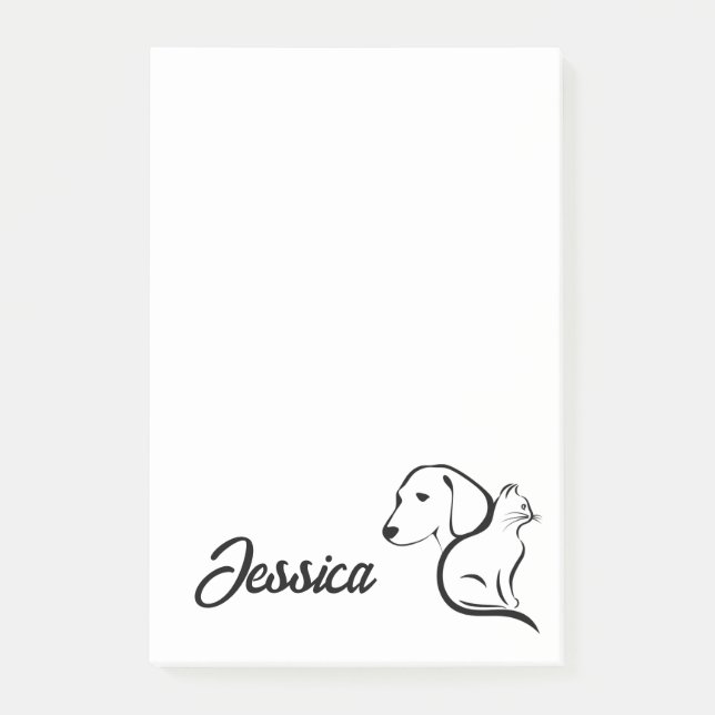 Bloco De Notas Arte Linear de Gato e Cachorro Kawaii (Frente)