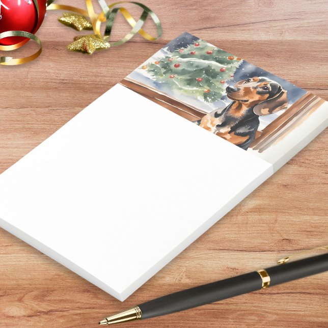 Bloco De Notas Árvore de Natal Dachshund Cachorro Salsicha Aquare (A pad of sticky notes for dachshund lovers, with picture of a sausage dog with Christmas tree)