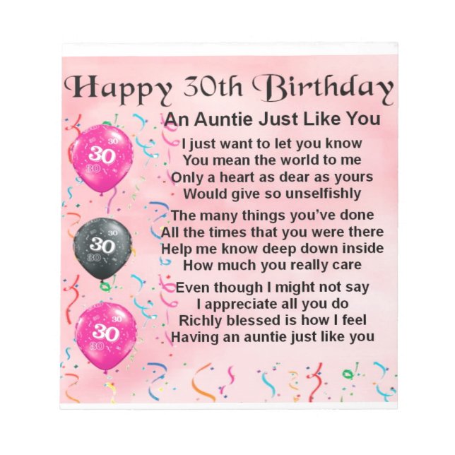 Bloco De Notas Auntie Poem aniversário de 30 anos (Frente)