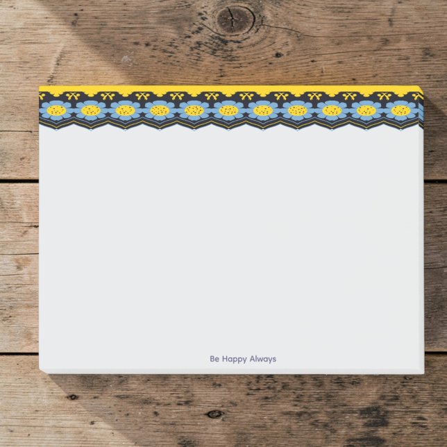 Bloco De Notas Azul Celeste E Amarelo Floral Ensolarado (Made by hand with love. Blue floral edge with bright yellow and black and add your own quote below.)