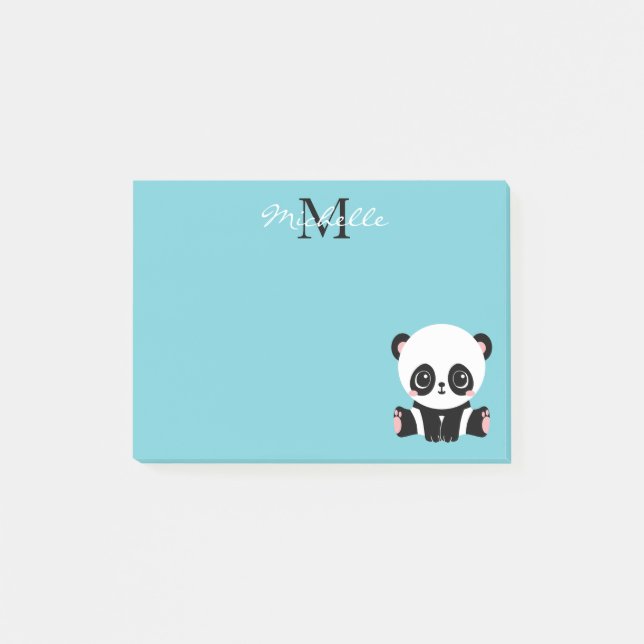 Bloco De Notas Azul de bolha personalizada Panda branca monograma (Frente)
