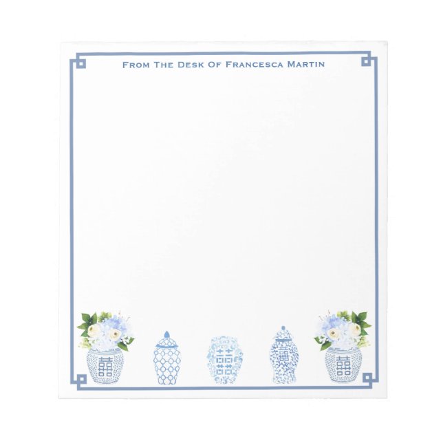 Bloco De Notas Azul e Branco Aquarela Chinoiserie Personalizado (Frente)