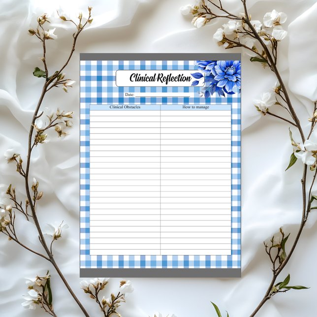 Bloco De Notas Azul Floral Gingham_ Reflexão Clínica (Criador carregado)