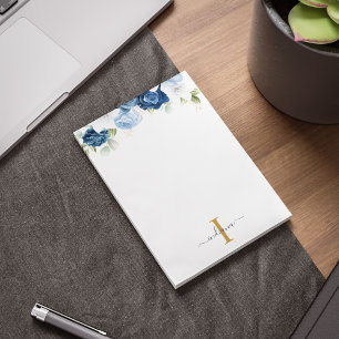 Bloco De Notas Azul Floral Monograma Eucalipto Nome Rascunho