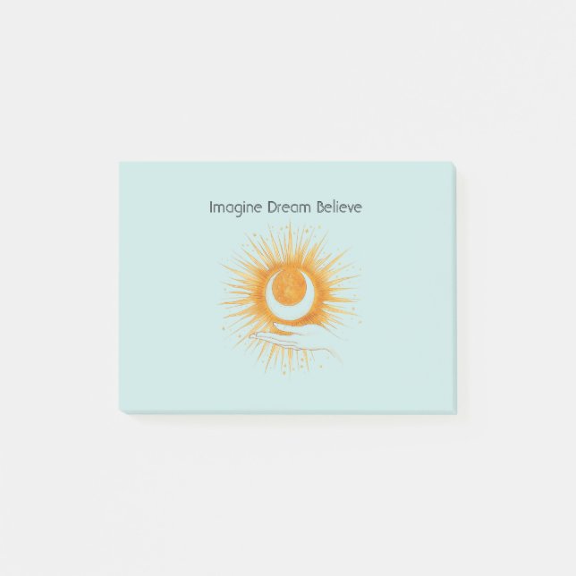 Bloco De Notas Azul Imagine Sonho Acredite Ouro Laranja Sol Mão (Frente)