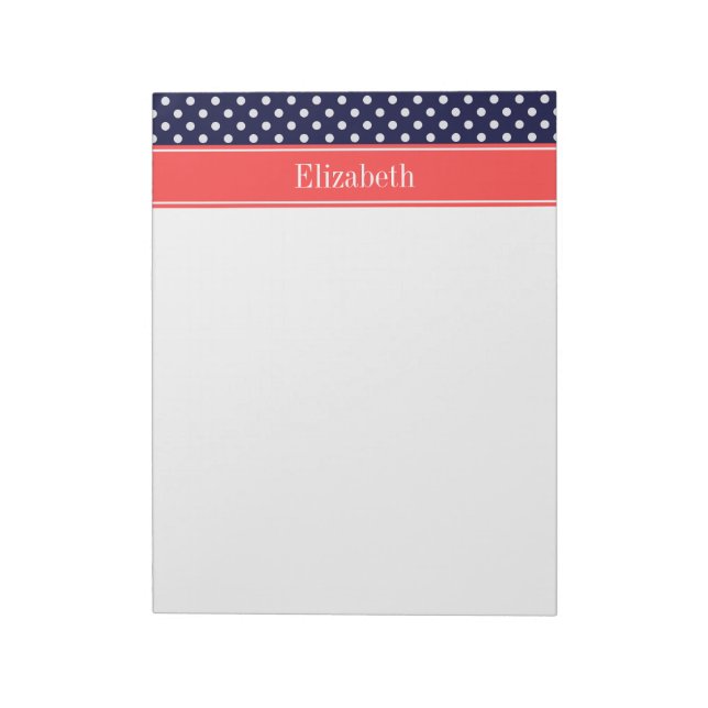 Bloco De Notas Azul Marinho Branco Bolinhas Coral Monograma Nome (Invertido)
