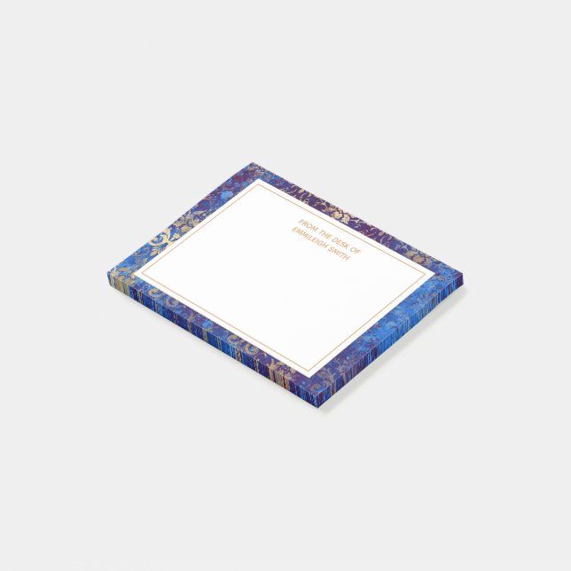Bloco De Notas Azul Naval Elegante Dourado Damask Da Mesa De (Inclinado)