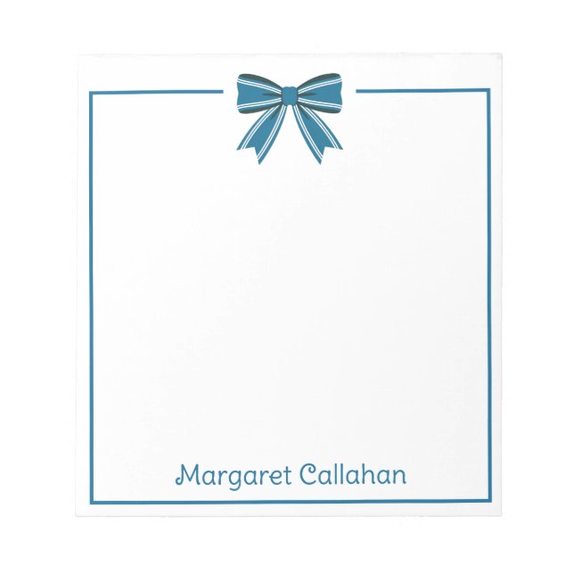 Bloco De Notas Azul Préppy e Laço Branco Personalizado (Frente)