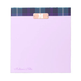 Bloco De Notas Azul Tartan Personalizado Script Monograma Brilhan