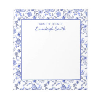 Bloco De Notas Azul-Vintage Branco Floral Elegante Da Mesa De