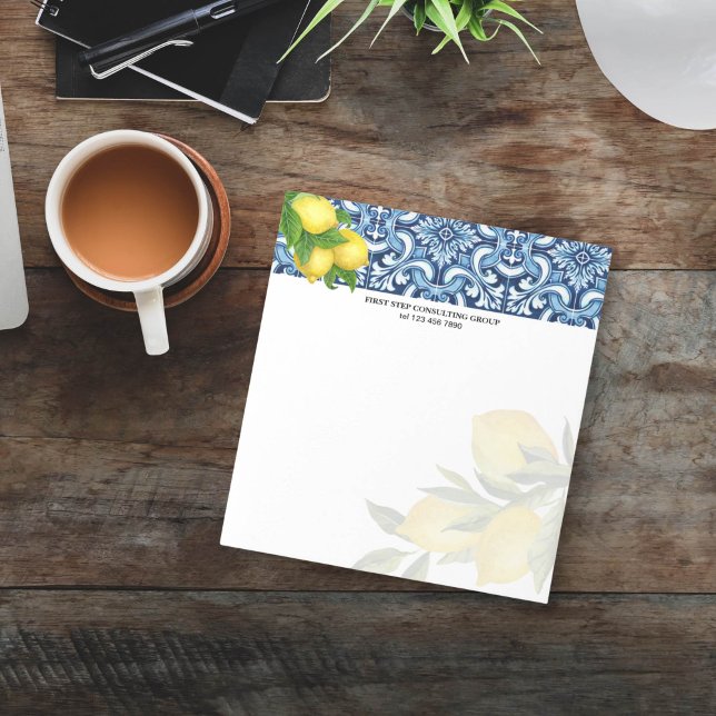 Bloco De Notas Azulejos azuis limões Amalfi Positano personalizad (Blue tiles and lemons personalized notepad Amalfi Positano Italian themed Majolica Mediterranean)