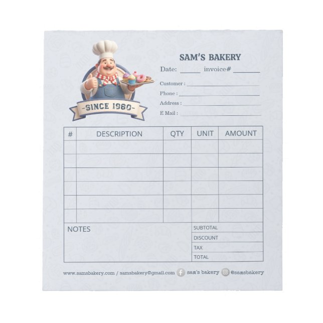 Bloco De Notas Bakery Pastry Chef Invoice Sale Order Form Receipt (Frente)