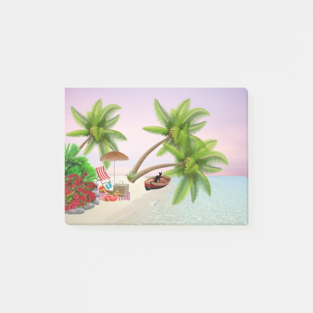 Bloco De Notas Barco Picnic Praia Bush Palm Trees Praia (Frente)
